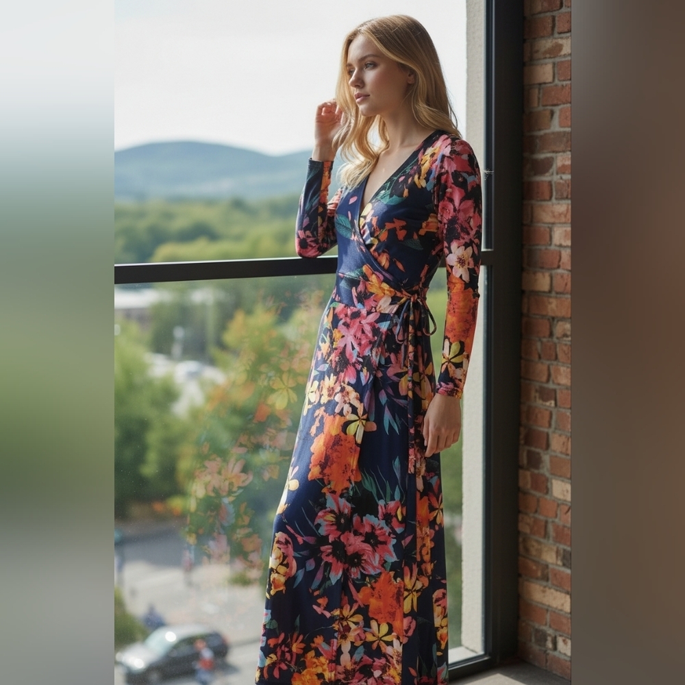 VENUS Long Sleeve Floral Dress - Blue and Multicolor